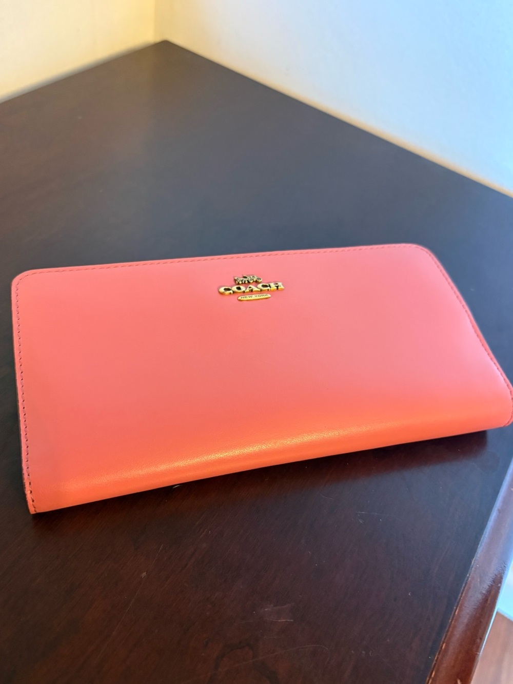 Coach Coral-Pink Snap Leather Wallet with Gold Logo